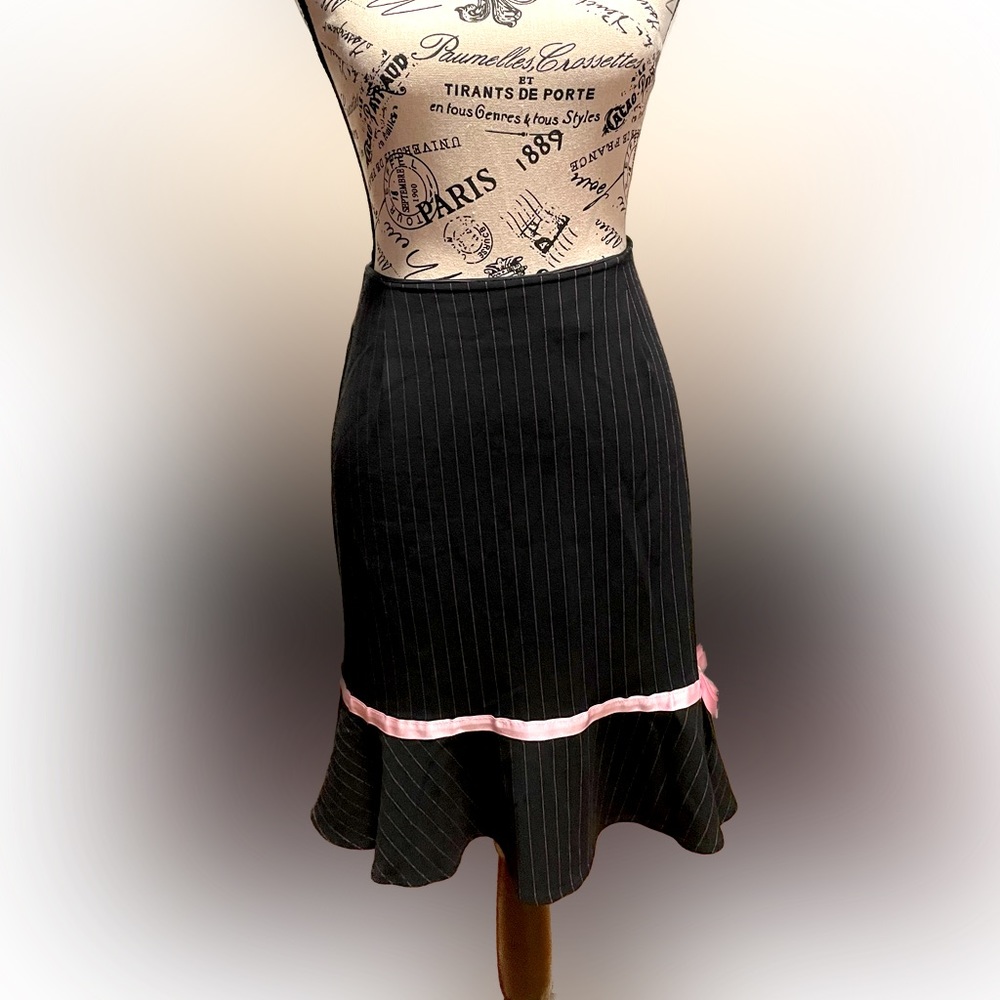 Cute, flirty, or professional pink pinstripe pencil skirt with flared hem